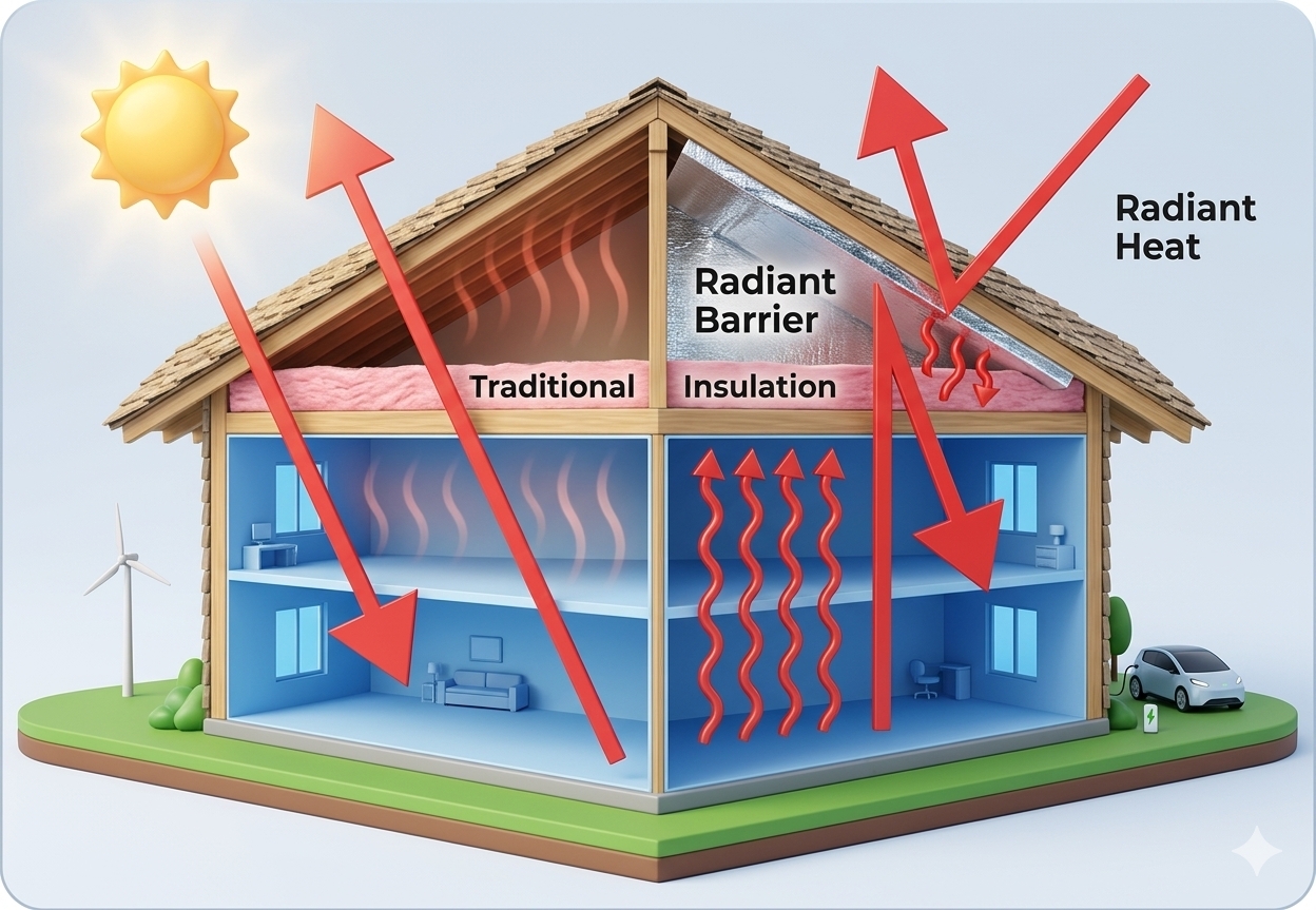Illustration showing reflective barriers blocking radiant heat
